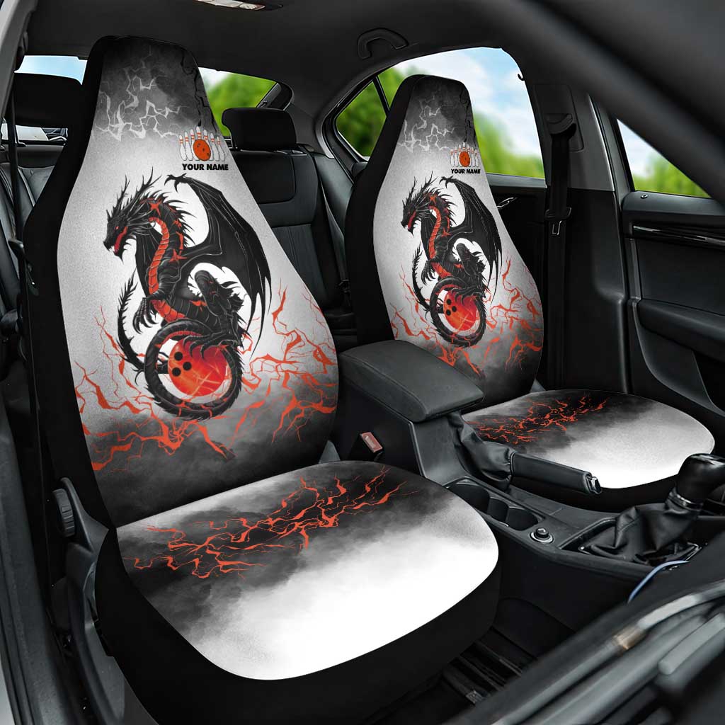 Custom Black Dragon Bowling Car Seat Cover with Fiery Ball and Thunderstorm Lightning Pattern - Wonder Print Shop