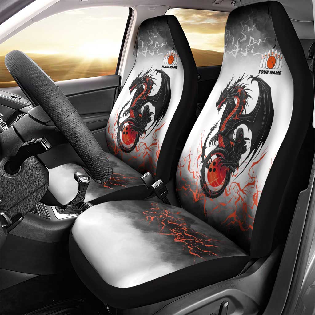Custom Black Dragon Bowling Car Seat Cover with Fiery Ball and Thunderstorm Lightning Pattern - Wonder Print Shop