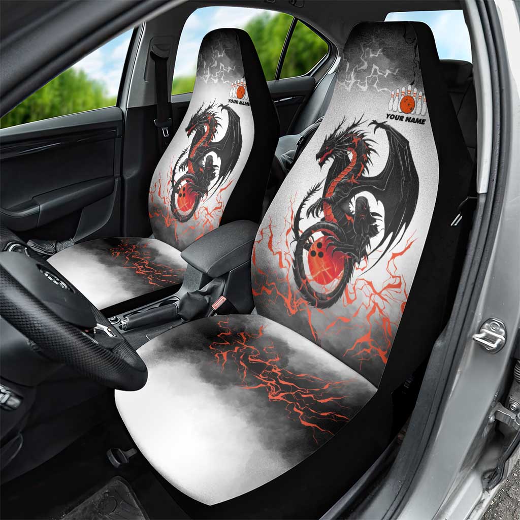 Custom Black Dragon Bowling Car Seat Cover with Fiery Ball and Thunderstorm Lightning Pattern - Wonder Print Shop