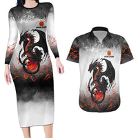 Custom Black Dragon Bowling Couples Matching Long Sleeve Bodycon Dress and Hawaiian Shirt with Fiery Ball and Thunderstorm Lightning Pattern - Wonder Print Shop