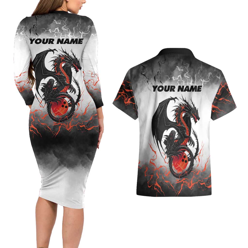 Custom Black Dragon Bowling Couples Matching Long Sleeve Bodycon Dress and Hawaiian Shirt with Fiery Ball and Thunderstorm Lightning Pattern - Wonder Print Shop