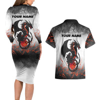 Custom Black Dragon Bowling Couples Matching Long Sleeve Bodycon Dress and Hawaiian Shirt with Fiery Ball and Thunderstorm Lightning Pattern - Wonder Print Shop