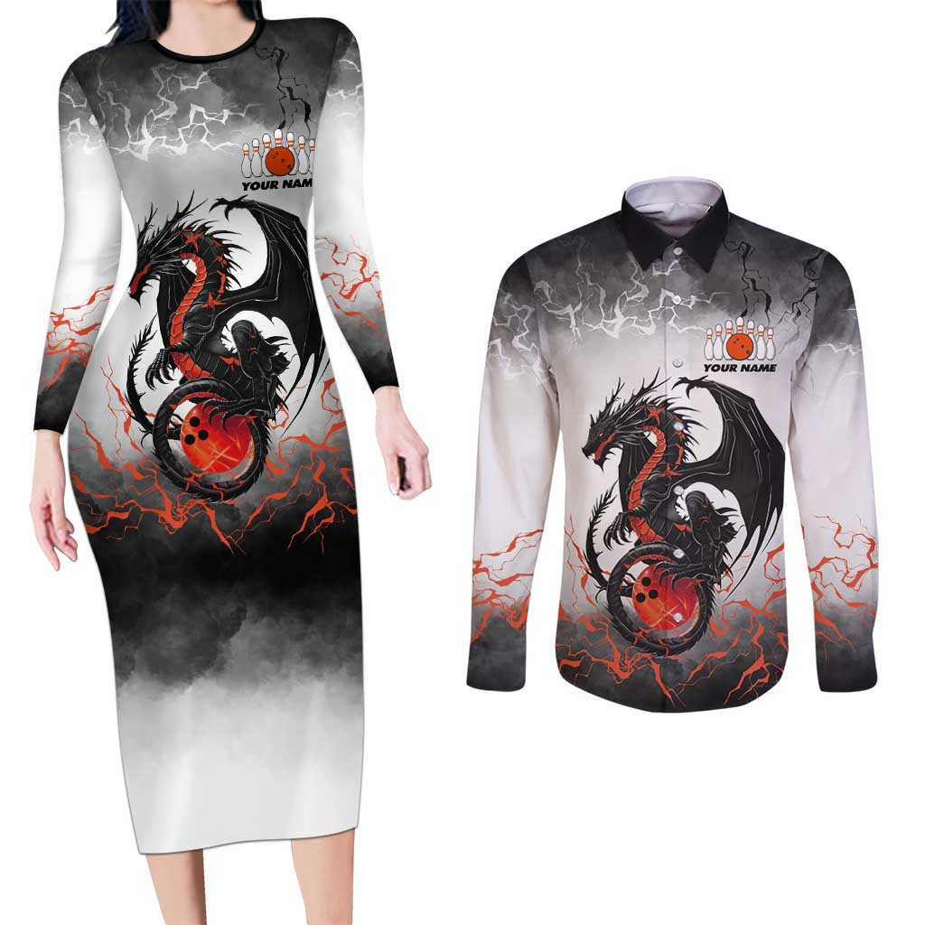 Custom Black Dragon Bowling Couples Matching Long Sleeve Bodycon Dress and Long Sleeve Button Shirt with Fiery Ball and Thunderstorm Lightning Pattern - Wonder Print Shop