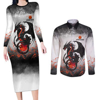 Custom Black Dragon Bowling Couples Matching Long Sleeve Bodycon Dress and Long Sleeve Button Shirt with Fiery Ball and Thunderstorm Lightning Pattern - Wonder Print Shop