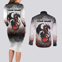 Custom Black Dragon Bowling Couples Matching Long Sleeve Bodycon Dress and Long Sleeve Button Shirt with Fiery Ball and Thunderstorm Lightning Pattern - Wonder Print Shop
