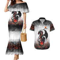 Custom Black Dragon Bowling Couples Matching Mermaid Dress and Hawaiian Shirt with Fiery Ball and Thunderstorm Lightning Pattern - Wonder Print Shop