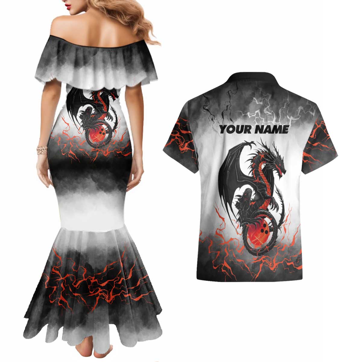 Custom Black Dragon Bowling Couples Matching Mermaid Dress and Hawaiian Shirt with Fiery Ball and Thunderstorm Lightning Pattern - Wonder Print Shop