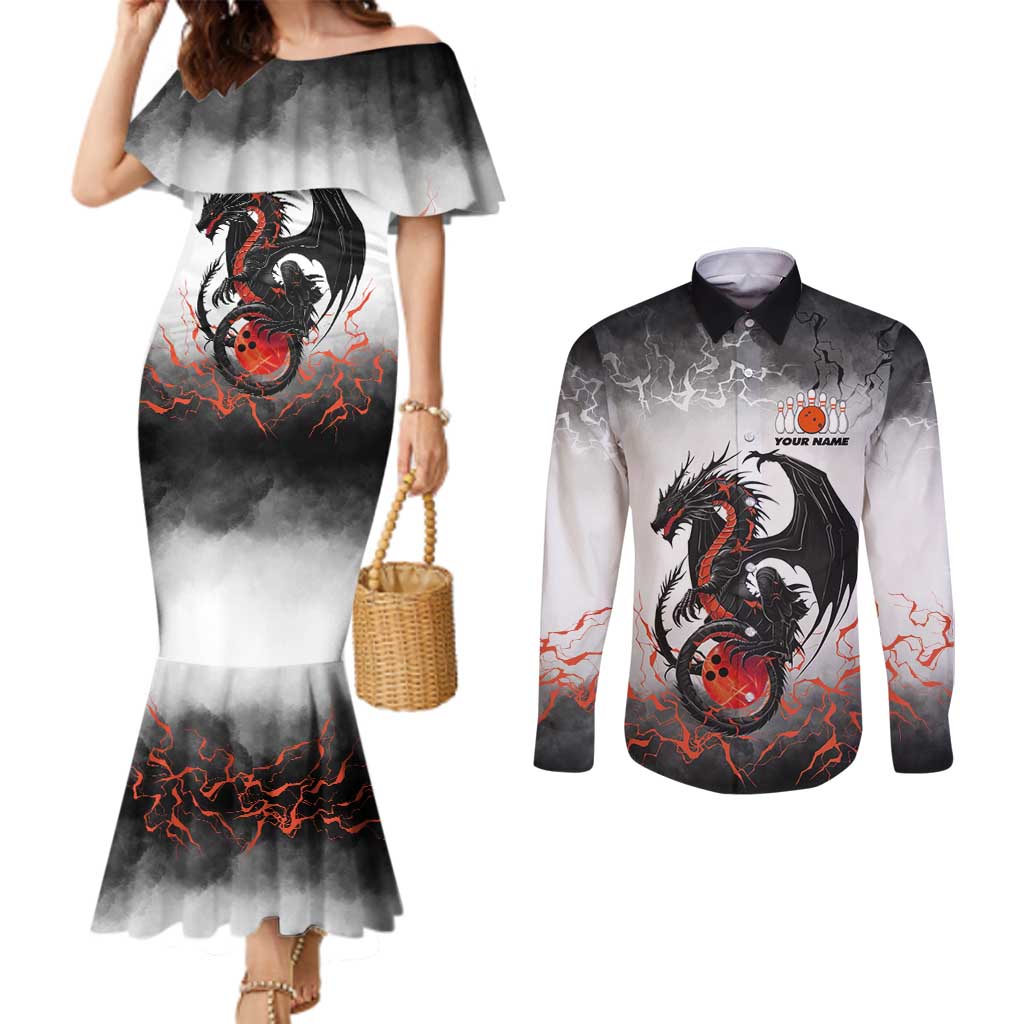 Custom Black Dragon Bowling Couples Matching Mermaid Dress and Long Sleeve Button Shirt with Fiery Ball and Thunderstorm Lightning Pattern - Wonder Print Shop