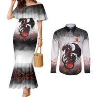 Custom Black Dragon Bowling Couples Matching Mermaid Dress and Long Sleeve Button Shirt with Fiery Ball and Thunderstorm Lightning Pattern - Wonder Print Shop