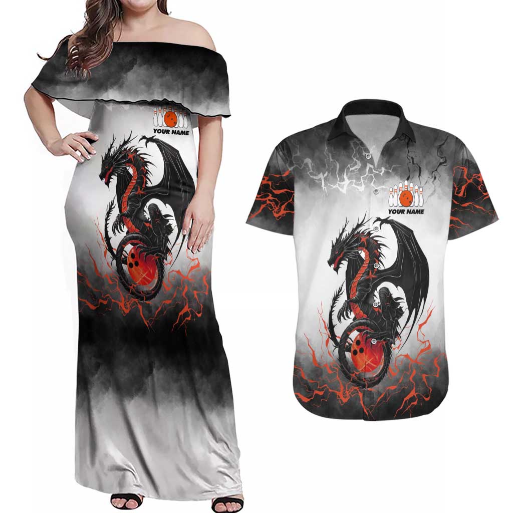 Custom Black Dragon Bowling Couples Matching Off Shoulder Maxi Dress and Hawaiian Shirt with Fiery Ball and Thunderstorm Lightning Pattern - Wonder Print Shop