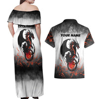 Custom Black Dragon Bowling Couples Matching Off Shoulder Maxi Dress and Hawaiian Shirt with Fiery Ball and Thunderstorm Lightning Pattern - Wonder Print Shop