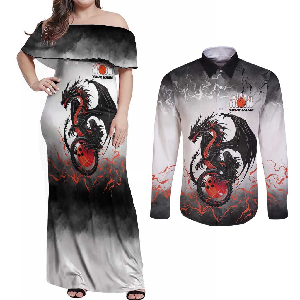 Custom Black Dragon Bowling Couples Matching Off Shoulder Maxi Dress and Long Sleeve Button Shirt with Fiery Ball and Thunderstorm Lightning Pattern - Wonder Print Shop