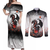 Custom Black Dragon Bowling Couples Matching Off Shoulder Maxi Dress and Long Sleeve Button Shirt with Fiery Ball and Thunderstorm Lightning Pattern - Wonder Print Shop