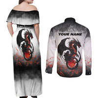 Custom Black Dragon Bowling Couples Matching Off Shoulder Maxi Dress and Long Sleeve Button Shirt with Fiery Ball and Thunderstorm Lightning Pattern - Wonder Print Shop