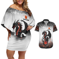 Custom Black Dragon Bowling Couples Matching Off Shoulder Short Dress and Hawaiian Shirt with Fiery Ball and Thunderstorm Lightning Pattern - Wonder Print Shop