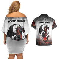 Custom Black Dragon Bowling Couples Matching Off Shoulder Short Dress and Hawaiian Shirt with Fiery Ball and Thunderstorm Lightning Pattern - Wonder Print Shop