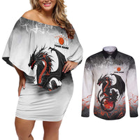 Custom Black Dragon Bowling Couples Matching Off Shoulder Short Dress and Long Sleeve Button Shirt with Fiery Ball and Thunderstorm Lightning Pattern - Wonder Print Shop