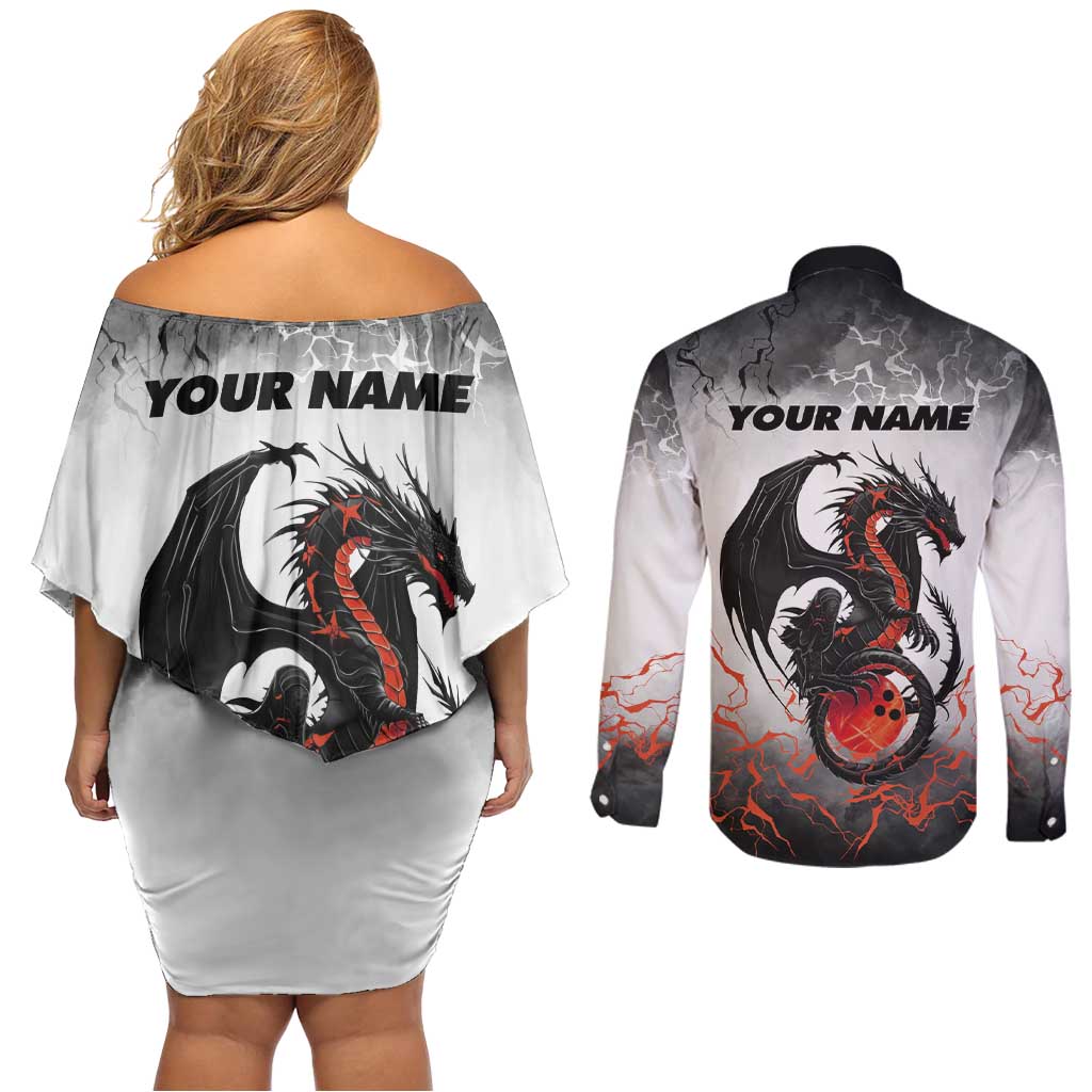 Custom Black Dragon Bowling Couples Matching Off Shoulder Short Dress and Long Sleeve Button Shirt with Fiery Ball and Thunderstorm Lightning Pattern - Wonder Print Shop