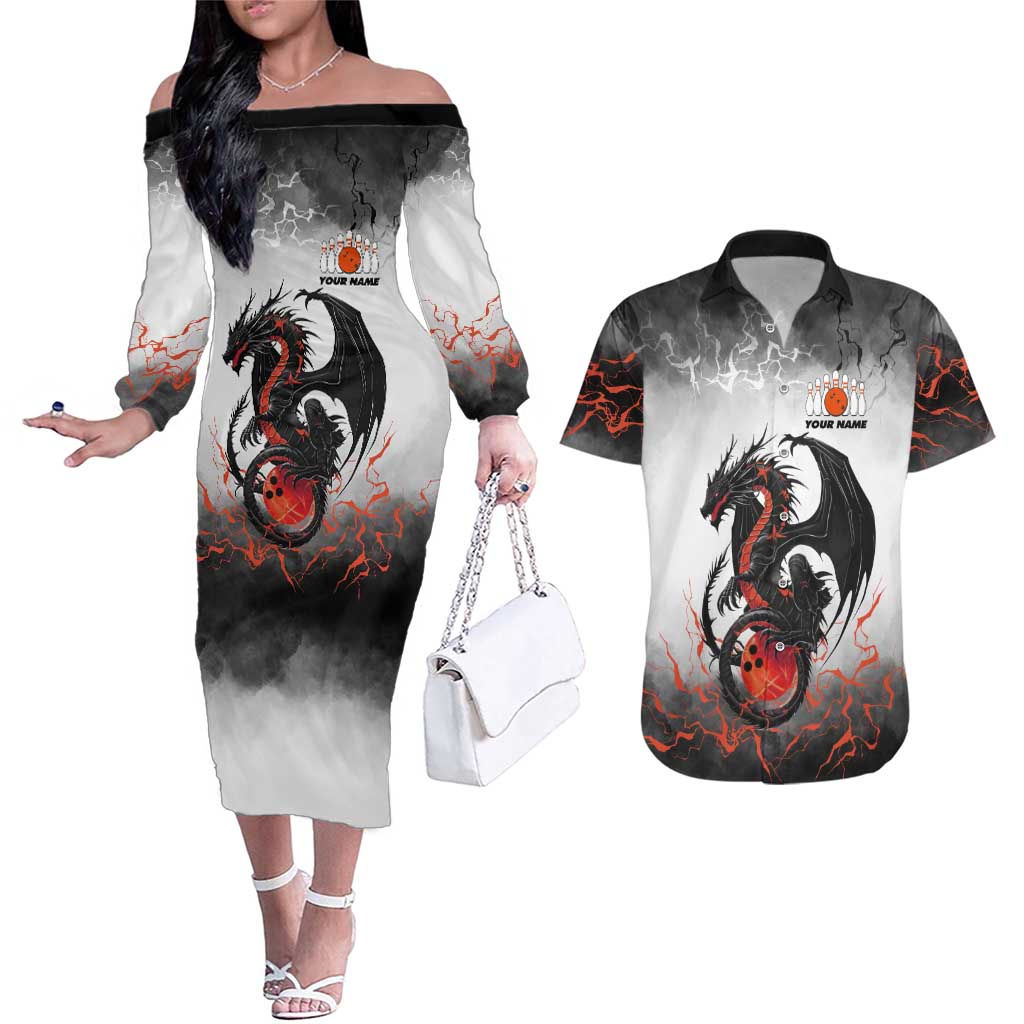 Custom Black Dragon Bowling Couples Matching Off The Shoulder Long Sleeve Dress and Hawaiian Shirt with Fiery Ball and Thunderstorm Lightning Pattern - Wonder Print Shop