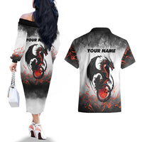 Custom Black Dragon Bowling Couples Matching Off The Shoulder Long Sleeve Dress and Hawaiian Shirt with Fiery Ball and Thunderstorm Lightning Pattern - Wonder Print Shop