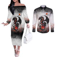 Custom Black Dragon Bowling Couples Matching Off The Shoulder Long Sleeve Dress and Long Sleeve Button Shirt with Fiery Ball and Thunderstorm Lightning Pattern - Wonder Print Shop