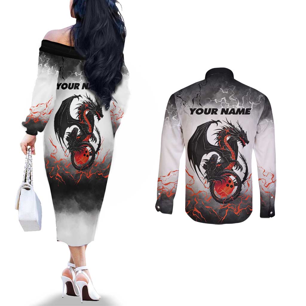 Custom Black Dragon Bowling Couples Matching Off The Shoulder Long Sleeve Dress and Long Sleeve Button Shirt with Fiery Ball and Thunderstorm Lightning Pattern - Wonder Print Shop