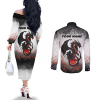 Custom Black Dragon Bowling Couples Matching Off The Shoulder Long Sleeve Dress and Long Sleeve Button Shirt with Fiery Ball and Thunderstorm Lightning Pattern - Wonder Print Shop
