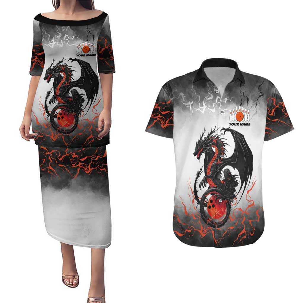 Custom Black Dragon Bowling Couples Matching Puletasi and Hawaiian Shirt with Fiery Ball and Thunderstorm Lightning Pattern - Wonder Print Shop