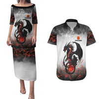 Custom Black Dragon Bowling Couples Matching Puletasi and Hawaiian Shirt with Fiery Ball and Thunderstorm Lightning Pattern - Wonder Print Shop
