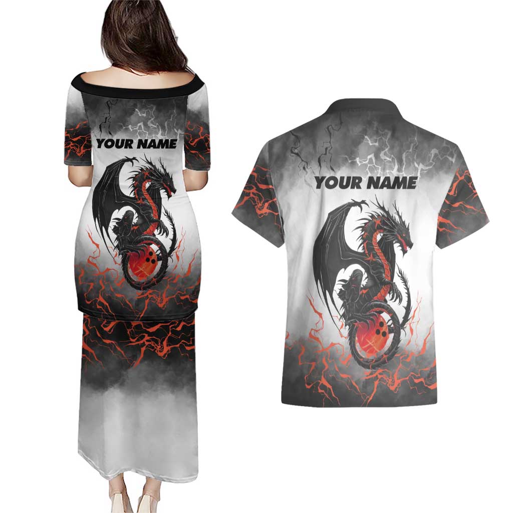 Custom Black Dragon Bowling Couples Matching Puletasi and Hawaiian Shirt with Fiery Ball and Thunderstorm Lightning Pattern - Wonder Print Shop