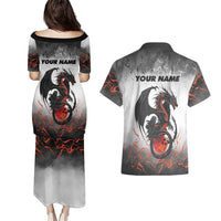 Custom Black Dragon Bowling Couples Matching Puletasi and Hawaiian Shirt with Fiery Ball and Thunderstorm Lightning Pattern - Wonder Print Shop