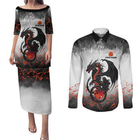 Custom Black Dragon Bowling Couples Matching Puletasi and Long Sleeve Button Shirt with Fiery Ball and Thunderstorm Lightning Pattern - Wonder Print Shop