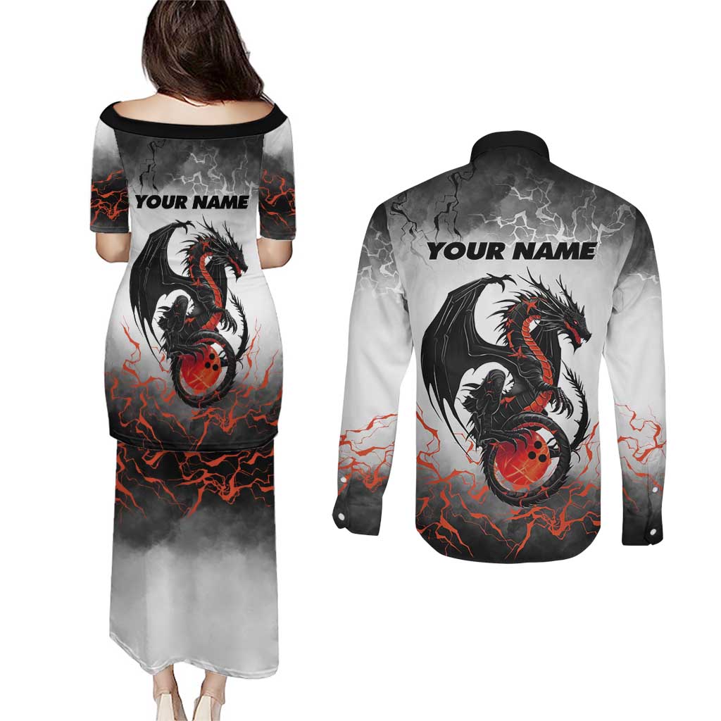 Custom Black Dragon Bowling Couples Matching Puletasi and Long Sleeve Button Shirt with Fiery Ball and Thunderstorm Lightning Pattern - Wonder Print Shop