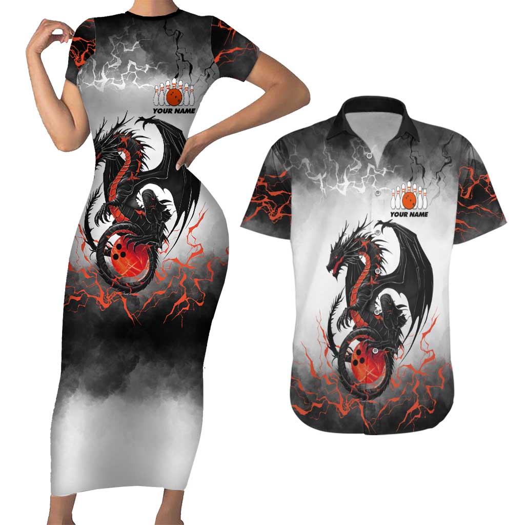 Custom Black Dragon Bowling Couples Matching Short Sleeve Bodycon Dress and Hawaiian Shirt with Fiery Ball and Thunderstorm Lightning Pattern - Wonder Print Shop
