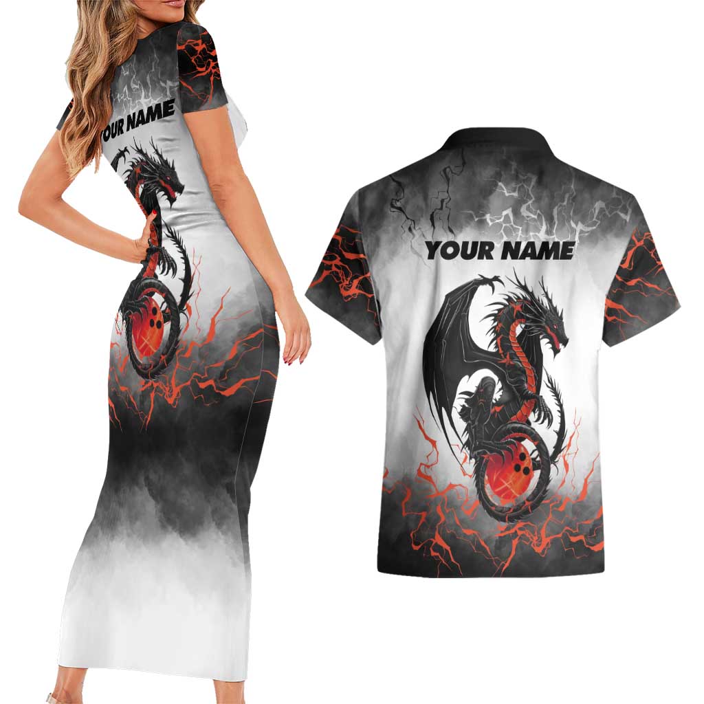 Custom Black Dragon Bowling Couples Matching Short Sleeve Bodycon Dress and Hawaiian Shirt with Fiery Ball and Thunderstorm Lightning Pattern - Wonder Print Shop