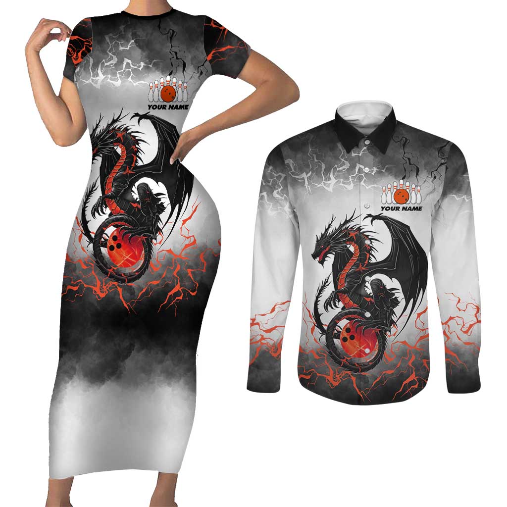 Custom Black Dragon Bowling Couples Matching Short Sleeve Bodycon Dress and Long Sleeve Button Shirt with Fiery Ball and Thunderstorm Lightning Pattern - Wonder Print Shop