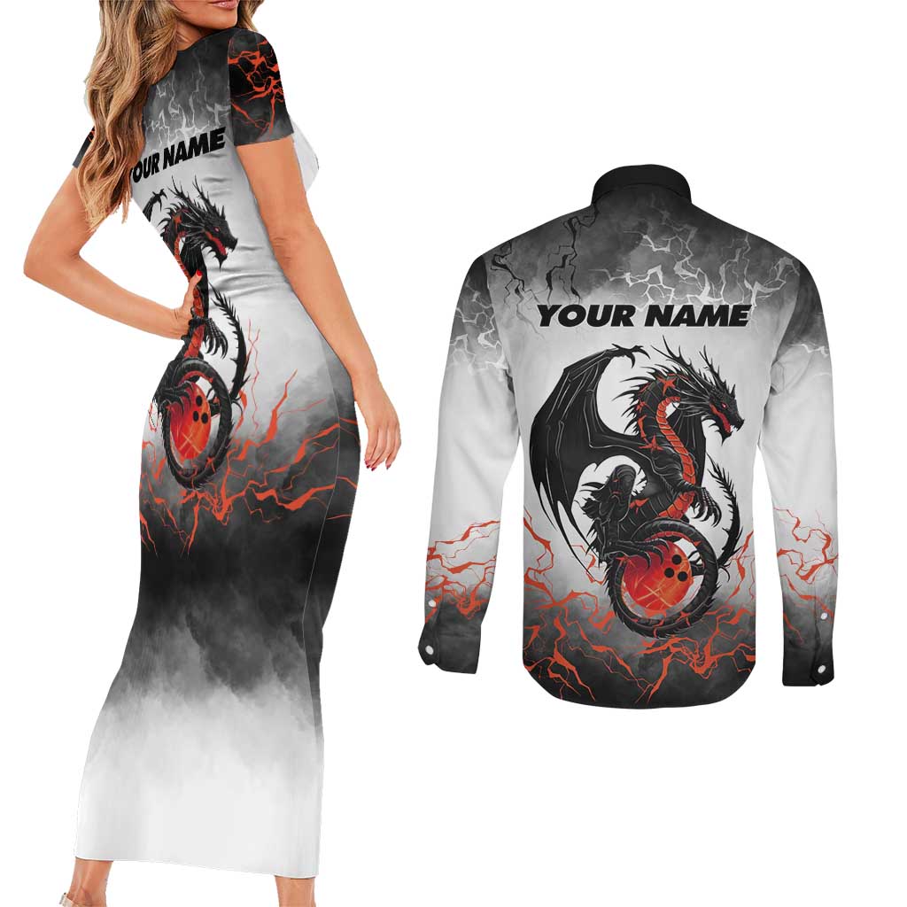 Custom Black Dragon Bowling Couples Matching Short Sleeve Bodycon Dress and Long Sleeve Button Shirt with Fiery Ball and Thunderstorm Lightning Pattern - Wonder Print Shop