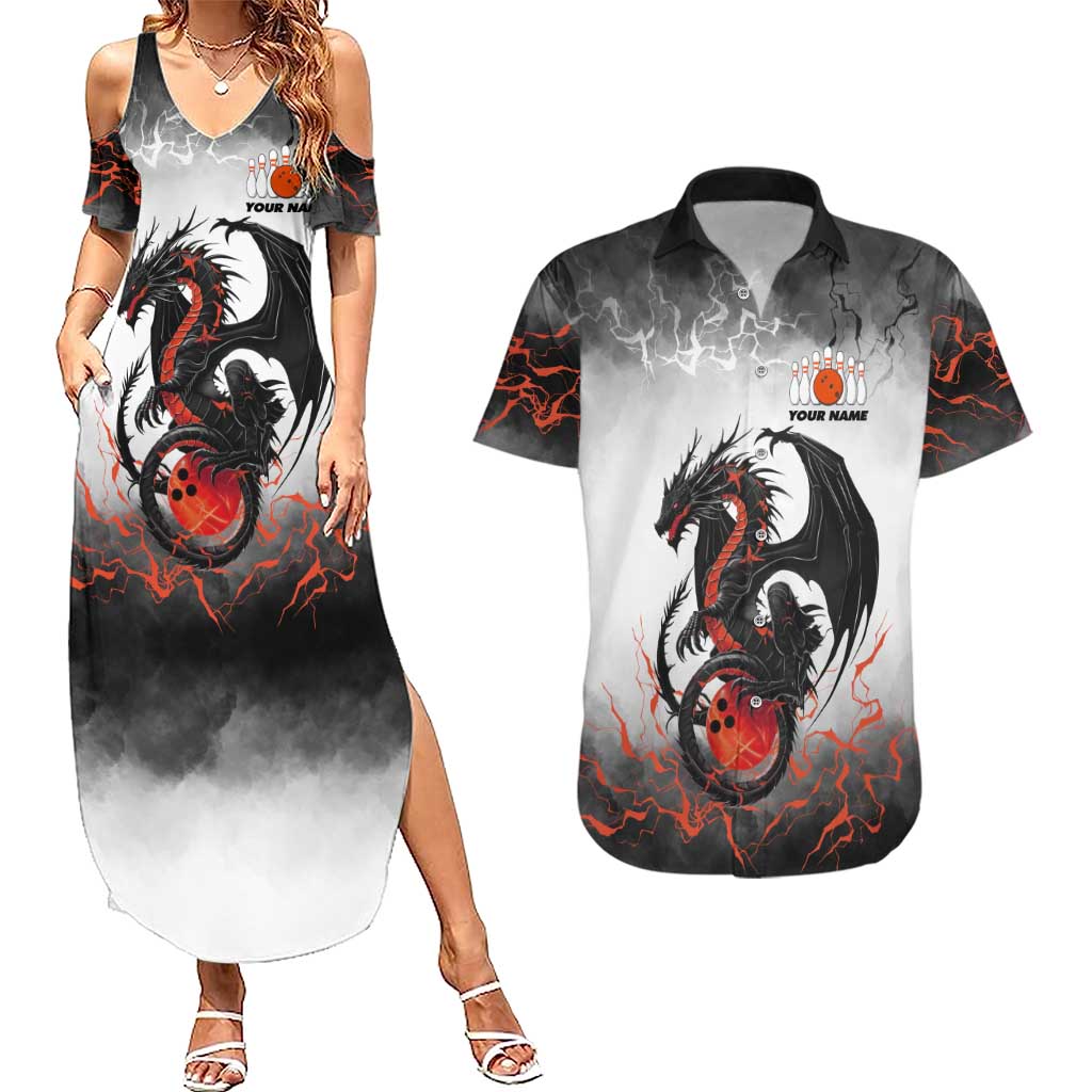 Custom Black Dragon Bowling Couples Matching Summer Maxi Dress and Hawaiian Shirt with Fiery Ball and Thunderstorm Lightning Pattern - Wonder Print Shop