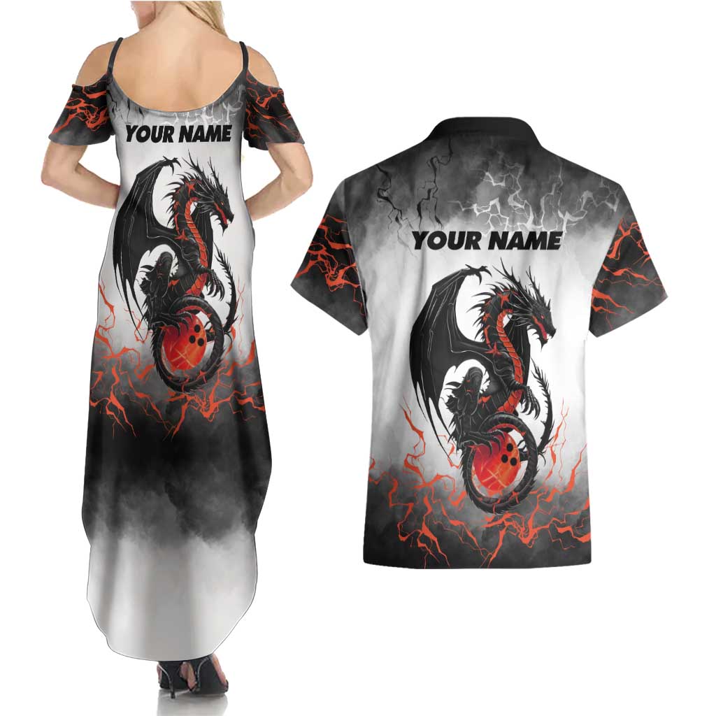 Custom Black Dragon Bowling Couples Matching Summer Maxi Dress and Hawaiian Shirt with Fiery Ball and Thunderstorm Lightning Pattern - Wonder Print Shop