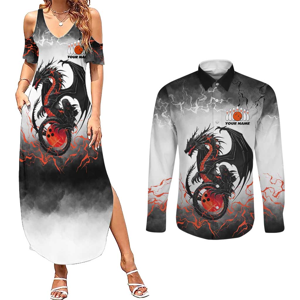 Custom Black Dragon Bowling Couples Matching Summer Maxi Dress and Long Sleeve Button Shirt with Fiery Ball and Thunderstorm Lightning Pattern - Wonder Print Shop