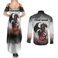 Custom Black Dragon Bowling Couples Matching Summer Maxi Dress and Long Sleeve Button Shirt with Fiery Ball and Thunderstorm Lightning Pattern - Wonder Print Shop