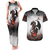 Custom Black Dragon Bowling Couples Matching Tank Maxi Dress and Hawaiian Shirt with Fiery Ball and Thunderstorm Lightning Pattern - Wonder Print Shop