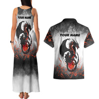Custom Black Dragon Bowling Couples Matching Tank Maxi Dress and Hawaiian Shirt with Fiery Ball and Thunderstorm Lightning Pattern - Wonder Print Shop