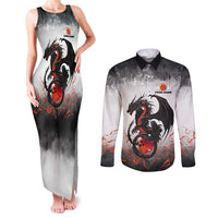 Custom Black Dragon Bowling Couples Matching Tank Maxi Dress and Long Sleeve Button Shirt with Fiery Ball and Thunderstorm Lightning Pattern - Wonder Print Shop