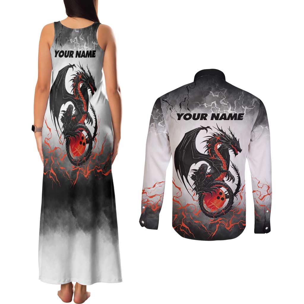 Custom Black Dragon Bowling Couples Matching Tank Maxi Dress and Long Sleeve Button Shirt with Fiery Ball and Thunderstorm Lightning Pattern - Wonder Print Shop