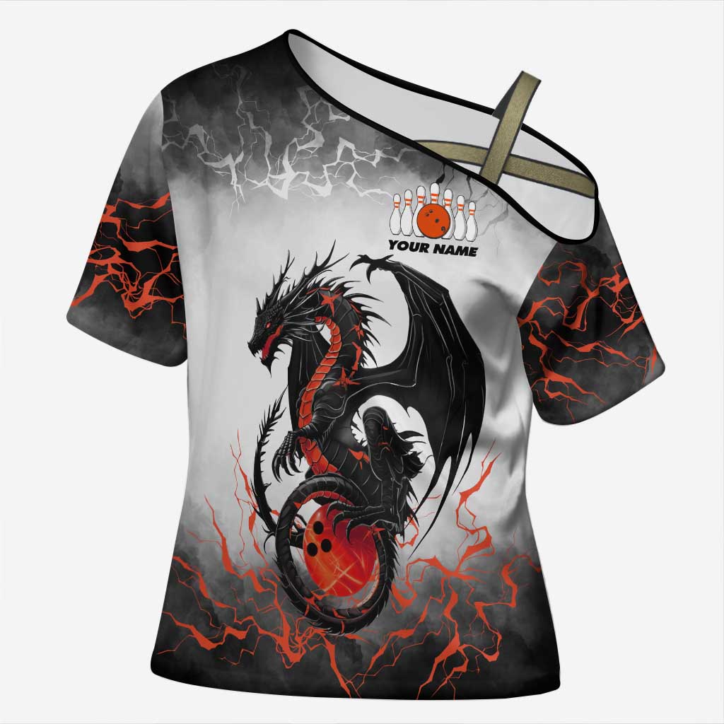 Custom Black Dragon Bowling Cross Shoulder Shirt with Fiery Ball and Thunderstorm Lightning Pattern - Wonder Print Shop