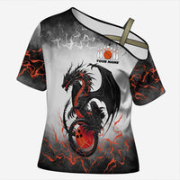 Custom Black Dragon Bowling Cross Shoulder Shirt with Fiery Ball and Thunderstorm Lightning Pattern - Wonder Print Shop
