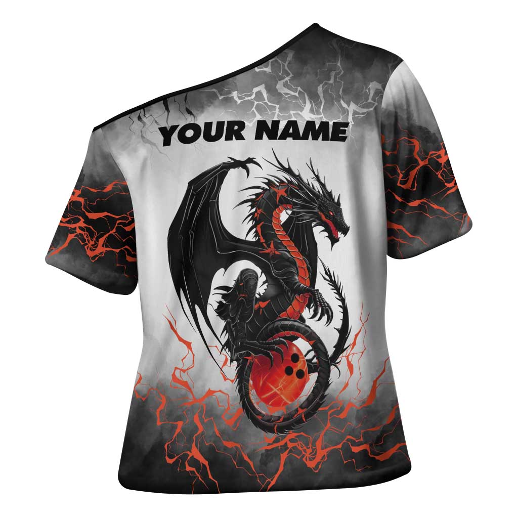 Custom Black Dragon Bowling Cross Shoulder Shirt with Fiery Ball and Thunderstorm Lightning Pattern - Wonder Print Shop