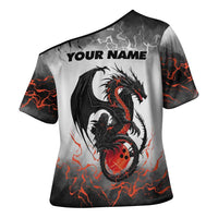 Custom Black Dragon Bowling Cross Shoulder Shirt with Fiery Ball and Thunderstorm Lightning Pattern - Wonder Print Shop