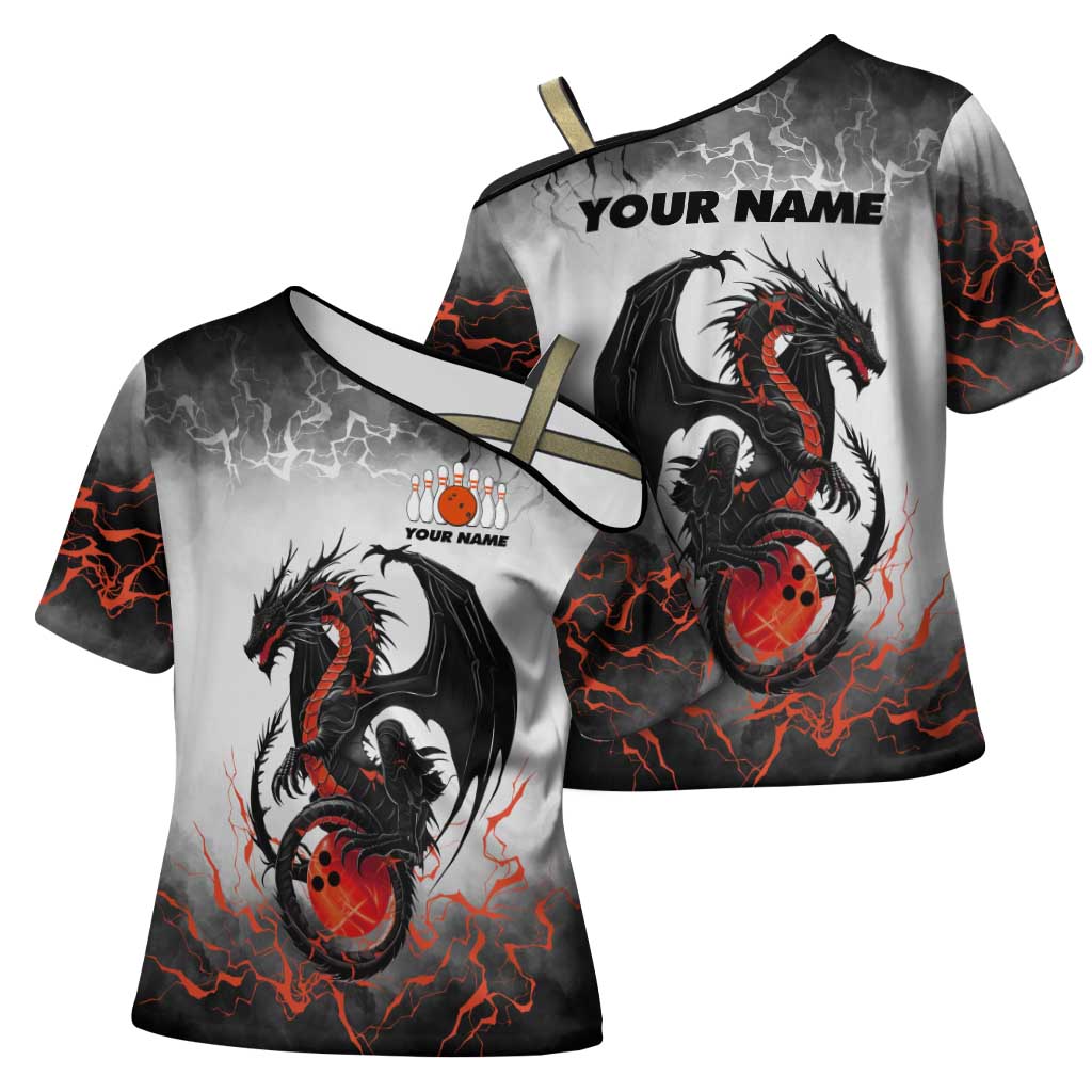 Custom Black Dragon Bowling Cross Shoulder Shirt with Fiery Ball and Thunderstorm Lightning Pattern - Wonder Print Shop